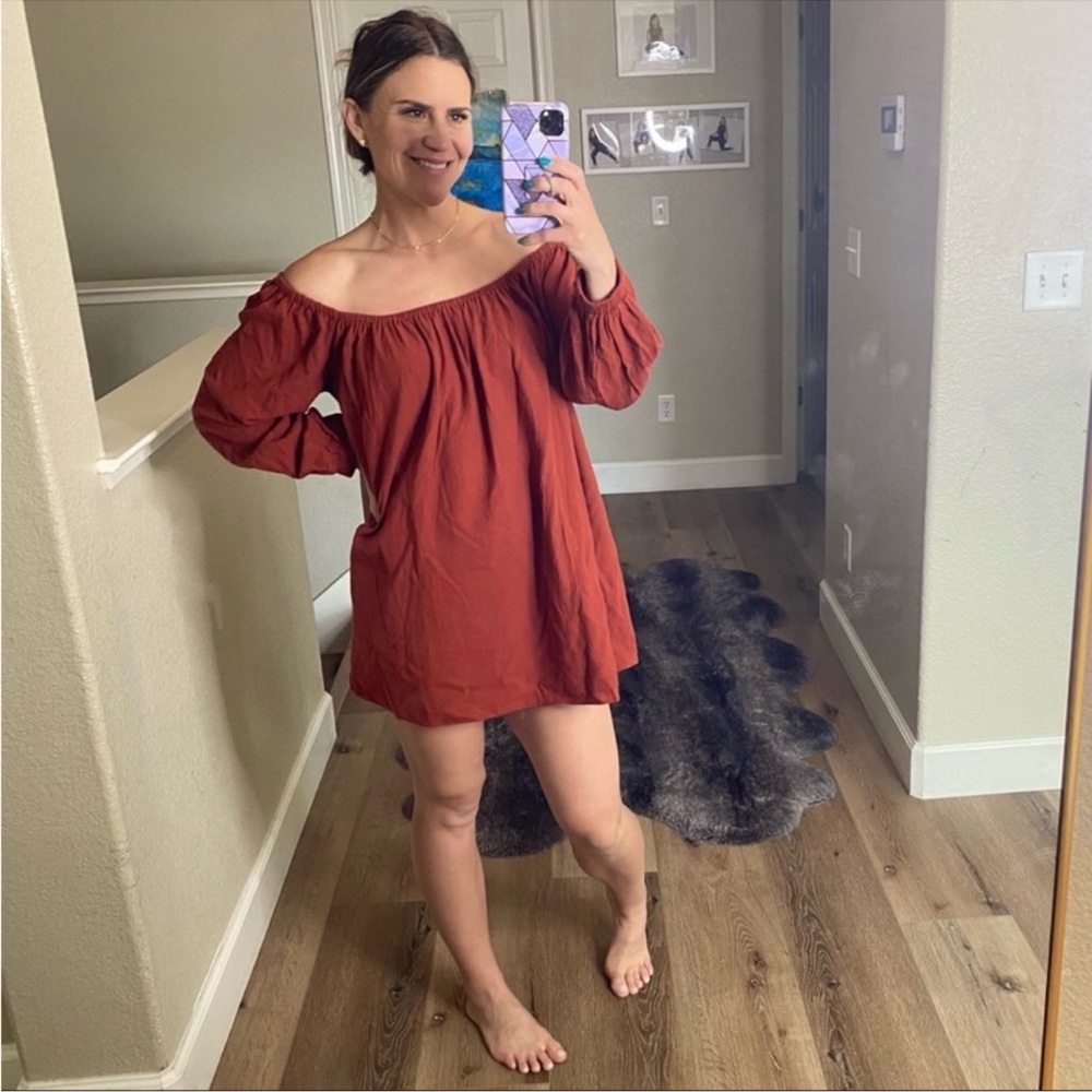Treasure and Bond rust off the shoulder dress